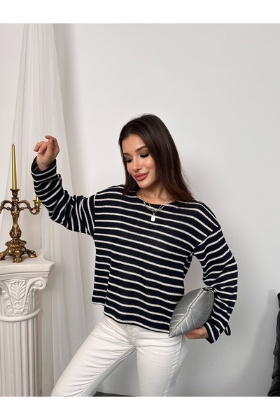 Hatun Atila Women's Crew Neck Striped Oversized Knitwear Sweater 8955 - Navy Blue