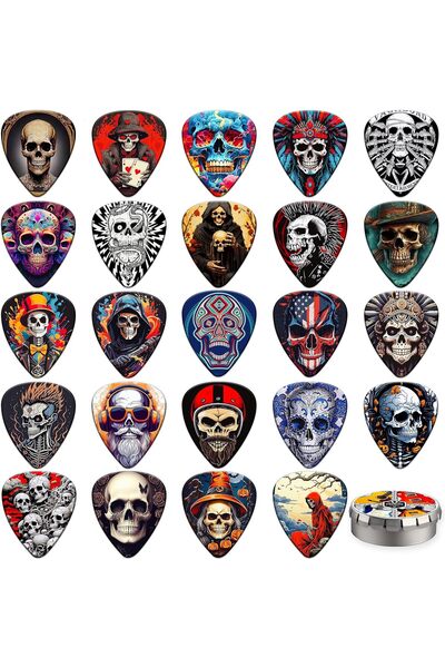Generic 24-Piece Skull Guitar Picks Set — 4 Thicknesses (0.46/0.71/0.96/1.20mm) for Acoustic/Electric/Bass