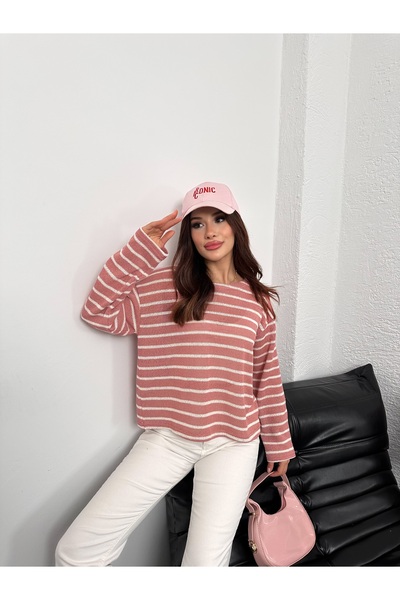 Hatun Atila Women's Crew Neck Striped Oversized Knitwear Sweater 8955 - Pink