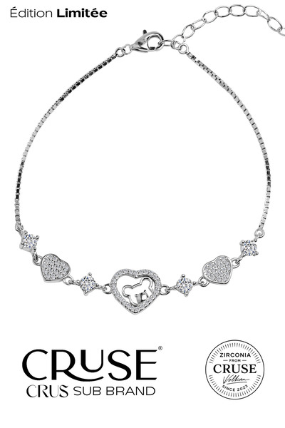 Cruse 925 Ayar Gümüş Amour Petit Işıltılı Kalp & Ayıcık Bileklik 18K Beyaz Al...