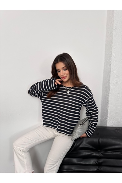 Hatun Atila Women's Crew Neck Striped Oversized Knitwear Sweater 8955 - Navy Blue