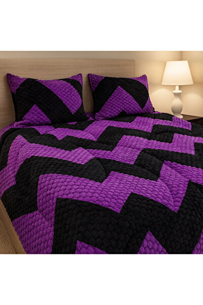 OEM Purple-Black Velvet Reversible Duvet Cover with 2 Pillowcases, Zig-Zag Pattern, Ultra-Fluffy