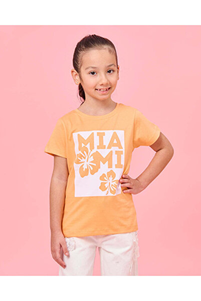 REDTAG Girls Orange Miami Print T-Shirt