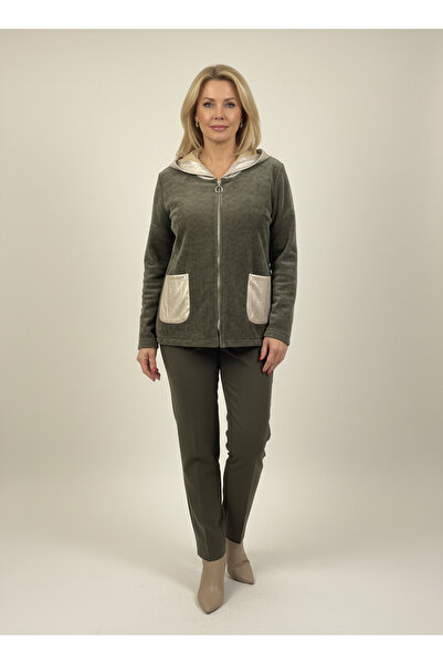 İTALYAN İnce Fitilli Kadife Varak ve Taş Detaylı Sweat Kapüşonlu Ceket