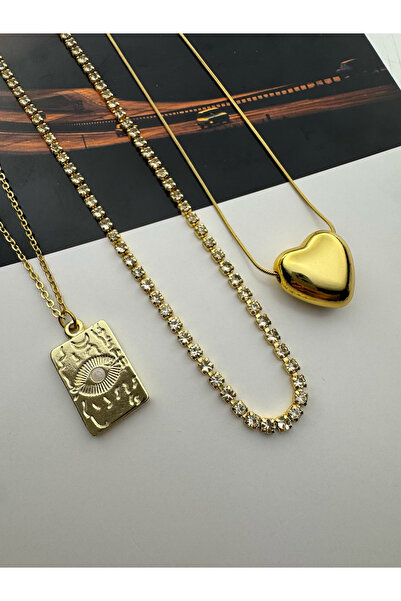 roshel مجموعة من 3 قلادات فولاذية حلزونية على شكل مسار مائي وقلب بلون ذهبي