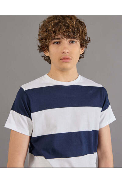 REDTAG Senior Boys White And Navy Striped T-Shirt