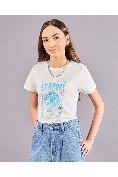 REDTAG Senior Girls White Seaport Print T-Shirt