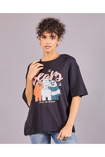 REDTAG Women Black We Bare Bear Printed Oversized T-Shirt