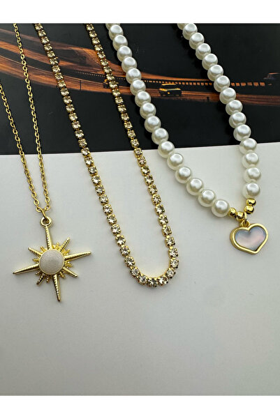 roshel 3'lü Çelik Kolye Seti Güneş-Su Yolu-İnciKalp Altın Renk