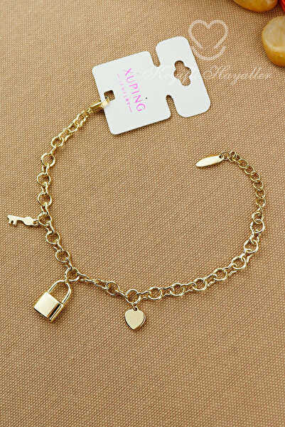 Keyifli Hayaller Xuping Vip Bileklik - Xuping Kilit Kalp Anahtar Charmlı Gold xuping Bileklik Kararmaz Solmaz 17+4cm