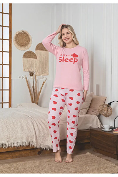 TOSKI Pijama Dama Sweet Sleep – Set Roz cu Mâneci Lungi și Pantaloni cu Inimi...