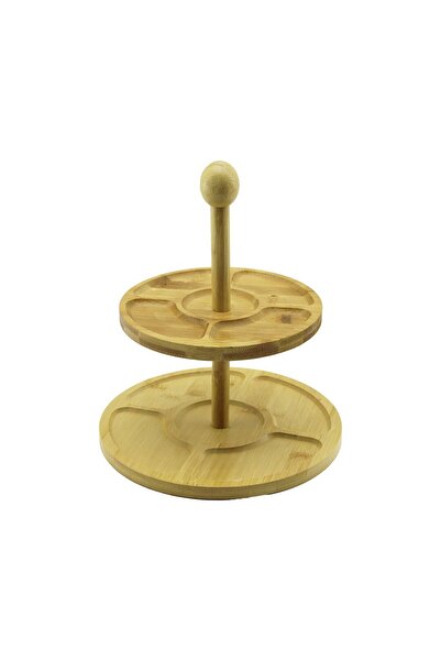 Go İthalat 5 Compartments - Round - 2 Layered Wooden Bamboo Presentation Stand Diameter: 19.5cm -- 24.5cm (5273)