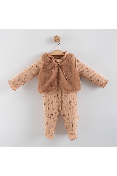 minipanda Welsoft Lamb Lined Vest Set Dandelion Patterned Baby Girl Booties Jumpsuit