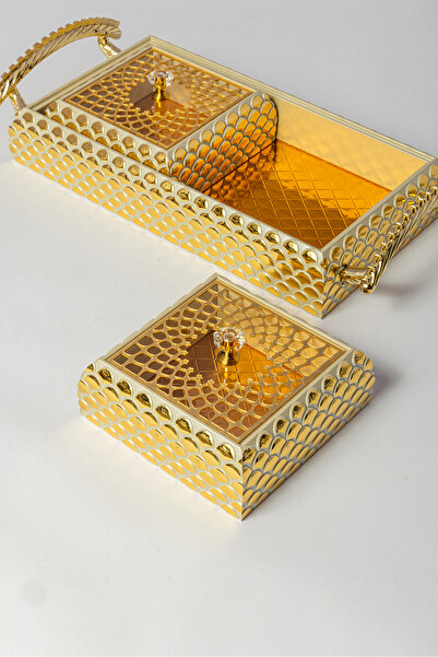 Bin Shihon Two gold-plated rectangular metal serving trays