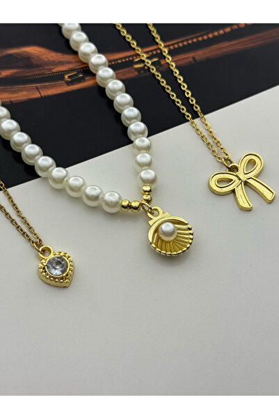 roshel مجموعة من 3 قلادات فولاذية، مجموعة قلادات على شكل قلب وعقدة فراشة، لون...