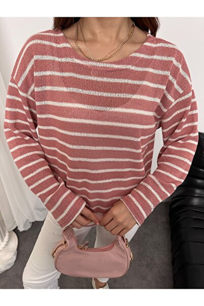 Hatun Atila Women's Crew Neck Striped Oversized Knitwear Sweater 8955 - Pink