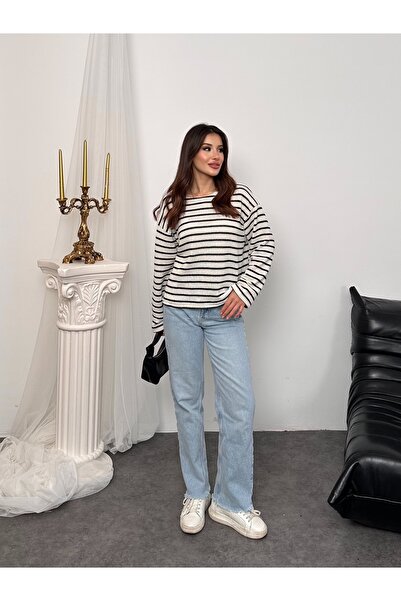 Hatun Atila Women's Crew Neck Striped Oversized Knitwear Sweater 8955 - White