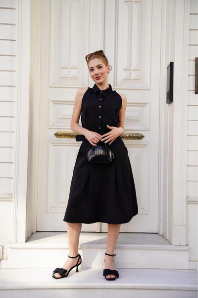 ZENGEZUR MALL Sptrns Shirt Collar Belted Dress Black S255061 (225816) (Size: S)