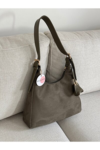 BAGLOVİS Suede Khaki Women's Shoulder Bag with Hook and Clasp Detail and Small Wallet En34 Boy22
