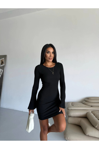 ZENGEZUR MALL Sptrns Princess Sleeve Stretch Fabric Dress Black F2334 (225735) (Size: m)