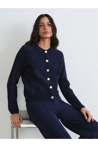 LC Waikiki Lcw Modest Navy Blue Crew Neck Women's Knitwear Cardigan