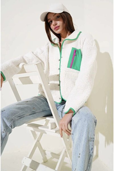 ZENGEZUR MALL Sptrns Green Zipper Pocket Lamb Coat White T1085 (230814) (Size: m)