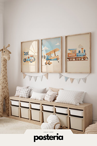 Posteria 3'lü Erkek Çocuk Odası Ve Bebek Odası Tablosu, Iskandinav, Bohem Oda Dekoru Doğal Ahşap Çerçeveli