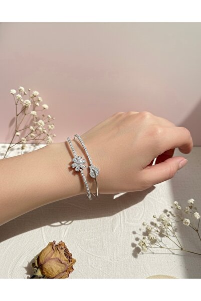 İnci Zirkon taşlı çiçek ve yaprak model bileklik