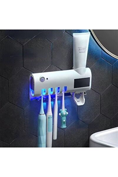 Fabrilux Toothpaste Dispenser with UV Sterilizer, 5-Toothbrush Holder, No-Drill Mount, White -