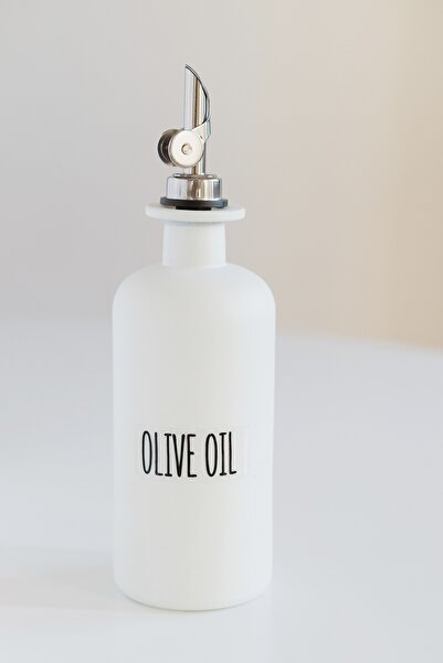 Dekorzdükkan Set of 2 Matte White Glass Oil Bottles with Silver Caps - 4 Pieces with Labels - 500ml