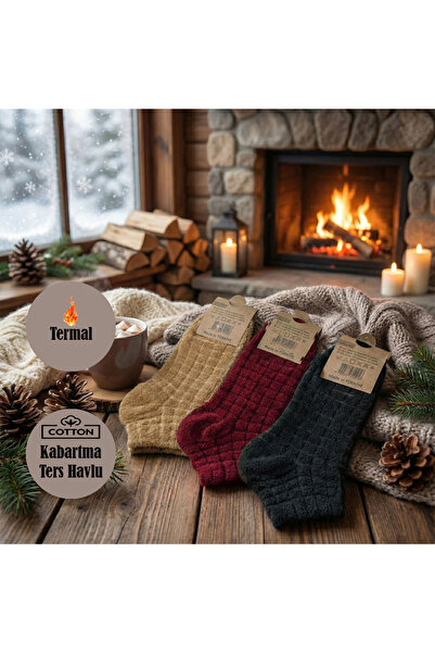 Luxia Kadın Patik Kabartma Kışlık Ters Havlu 3 Çift Karma Renk Kısa Çorap Seti