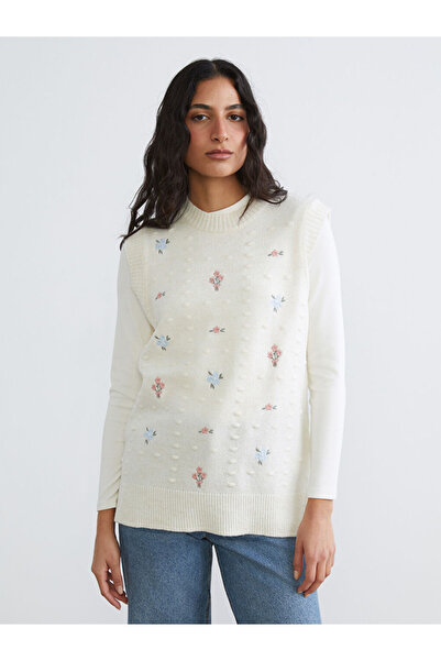 LC Waikiki Lcw Modest Beige Crew Neck Embroidered Women's Knitwear Sweater