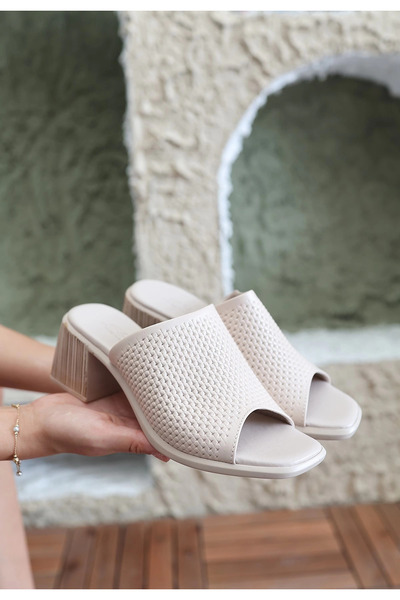 ZENGEZUR MALL Sptrns Zanna Beige Leather Heeled Slippers (232725) (Size: 36)