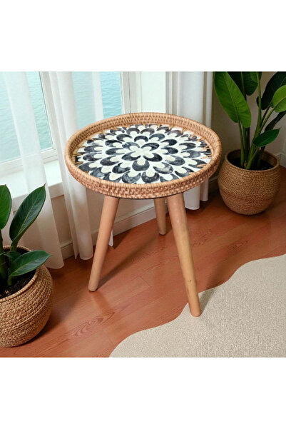 Toprak Design Tekli ( Tabla çapı:30cm) Mozaik Kaplamalı Rattan Zigon , yan se...