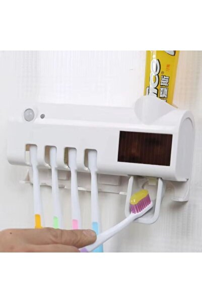 Fabrilux Toothpaste Dispenser with UV Sterilizer, 5-Toothbrush Holder, No-Drill Mount, White -