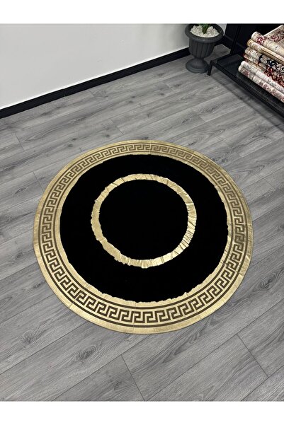Neşem Halı Boutique ÖZEL TASARIM PELUŞ DERİ SİYAH GOLD YUVARLAK