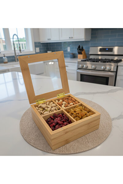 Berina home Bambu Organizer 4 Bölmeli Çerezlik – Doğal Bambu Sunumluk - Atışt...