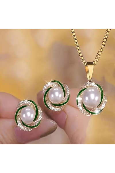 SEVAS GOLD Gold Color Women's Pearl Necklace and Black Enamel Earrings Set