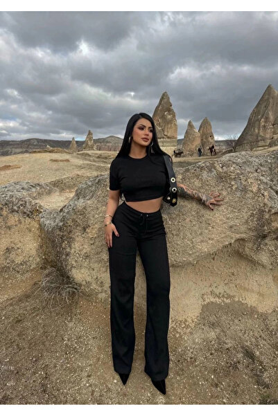 ZENGEZUR MALL Sptrns Wide Leg Pants Top and Bottom Set Black (231108) (Size: m)