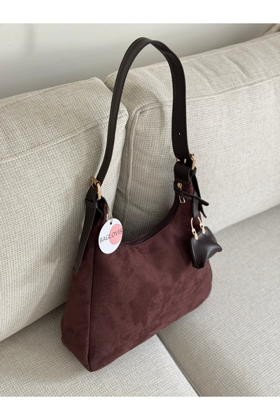 BAGLOVİS Suede Brown Women's Shoulder Bag with Hanging Bag Detail and Mini Wallet En34 Boy22