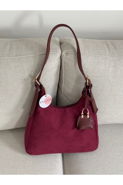BAGLOVİS Suede Burgundy Women's Shoulder Bag with Hanging Bag Detail and Mini Wallet En34 Boy22