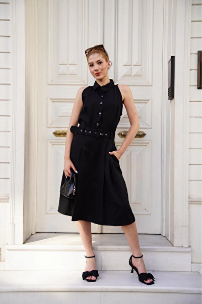 ZENGEZUR MALL Sptrns Shirt Collar Belted Dress Black S255061 (225816) (Size: S)