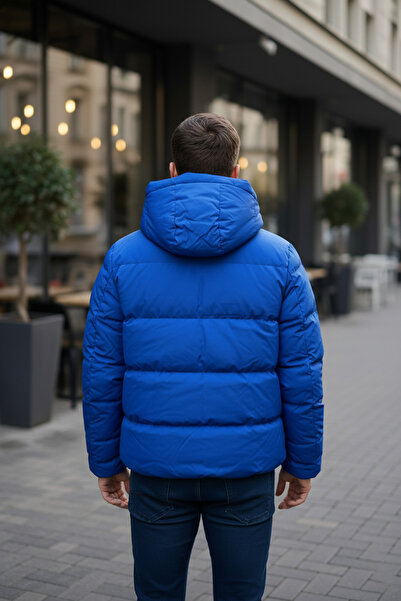 BELİZMOD Men's Hooded Blue Puffer Jacket