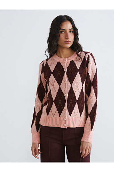 LC Waikiki Lcw Modest Pink Crew Neck Diamond Patterned Women's Knitwear Cardigan