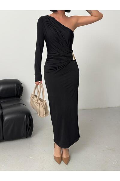 aytenli One Shoulder One Sleeve Accessory Detail Shoulder Waist Side Gathered Side Slit Lined Elegant Maxi Dress