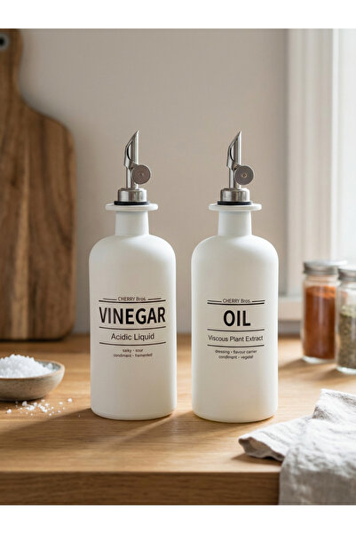 Dekorzdükkan Matte White Glass Oil Bottle / Vinegar Bottle Set of 2 with Silver Lid (500ml)