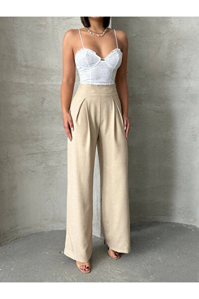 ZENGEZUR MALL Sptrns Pleated Linen Trousers S255046 Beige (232557) (Size: m)