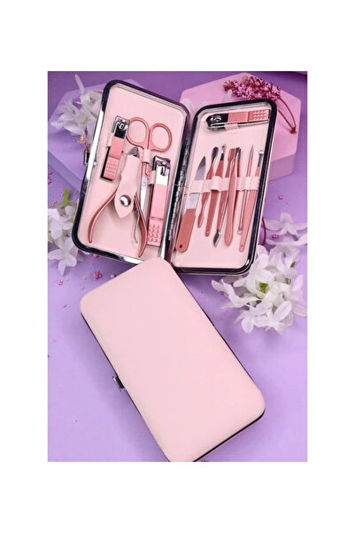 Epilons Profesyonel Çantalı Tırnak Bakım Manikür Seti Pembe Renk 12 Parça