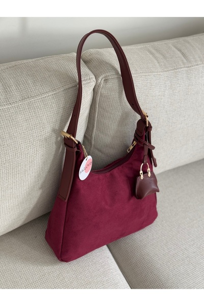 BAGLOVİS Suede Burgundy Women's Shoulder Bag with Hanging Bag Detail and Mini Wallet En34 Boy22