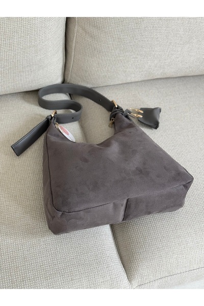 BAGLOVİS Suede Gray Women's Shoulder Bag with Hanging Bag Detail and Mini Wallet En34 Boy22